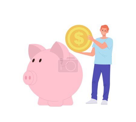 Illustration for Happy man cartoon character saving money putting golden dollar coin into piggybank moneybox standing isolated on white. Vector illustration of financial economy, cash investing, earnings management - Royalty Free Image