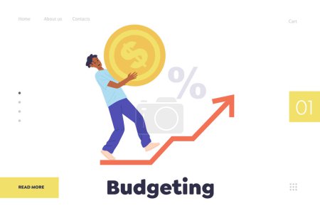 Illustration for Budgeting landing page design template for online service offering personal monthly finance audit and budget planning. Man cartoon character carrying money coin and growing arrow vector illustration - Royalty Free Image