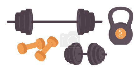 Illustration for Different weights for pumping body muscle and building strong figure isolated set on white background. Modern professional kettlebell, fitness and stacked dumbbells, barbell vector illustration - Royalty Free Image