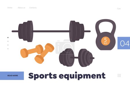 Illustration for Landing page template advertising professional sports equipment for fitness training. Online shop store athletic accessories for bodybuilding and weightlifting workout website vector illustration - Royalty Free Image