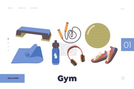 Illustration for Gym landing page design template for online service offering fitness training workout or sports equipment for body building. Website vector illustration promoting activity healthy lifestyle - Royalty Free Image
