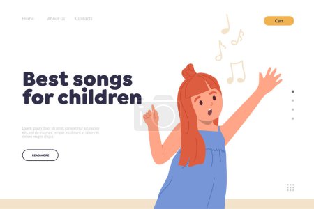 Landing page design website template offers best songs for children to develop vocal abilities. Happy talented toddler girl cartoon little singer character singing favorite melody vector illustration