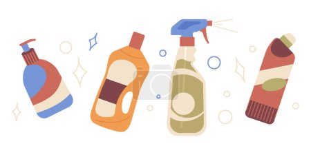 Diferentes productos químicos líquidos y paquetes de detergente en polvo para limpieza en el hogar y en la oficina. Variedad de surtido de productos no tóxicos y ecológicos para la ilustración de vectores de lavado y limpieza