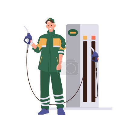 Illustration for Man refueler worker flat cartoon character providing car service at gas station vector illustration isolated on white background. Male oilman mechanic operating transport petrol refilling system - Royalty Free Image