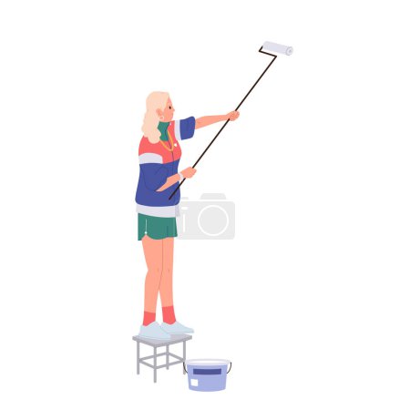 Illustration for Woman artist cartoon character painting wall with roller bush standing on chair isolated on white. Female professional painter creating decoration design for home renovation or street art drawing - Royalty Free Image