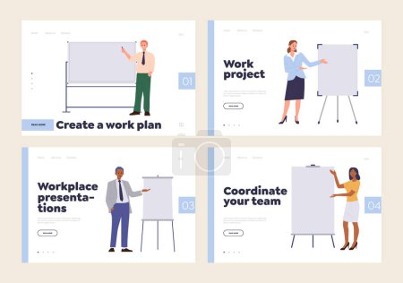 Illustration for Set of landing page template for online business training service providing entrepreneurs, team leader, young company boss, employee staff support and help. Mentors an coaches giving presentation - Royalty Free Image