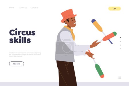Illustration for Circus skills promotion landing page template with talented juggler performing with clubs design. Website vector illustration for digital school teaching artist for amusement fair and theatrical show - Royalty Free Image