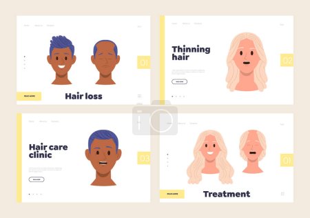 Illustration for Isolated set of landing page design template advertising successful therapy of male female alopecia. Website vector illustration offering treatment of baldness, hairless problem and haircare procedure - Royalty Free Image