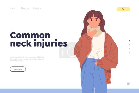Illustration for Common neck injury information landing page template with patient cartoon character having brace design. Website vector illustration for medical online service offering treatment and rehabilitation - Royalty Free Image