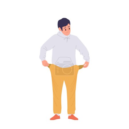 Illustration for Depressed young boy student demonstrating empty pants pockets isolated on white background. Unhappy teenager bankrupt cartoon character having no money forced to save finance vector illustration - Royalty Free Image