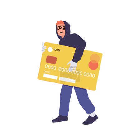 Illustration for Male thief cartoon character wearing facemask and hoodie stealing debit or credit card isolated on white background. Financial fraud and cybercrime, money outflow and phishing vector illustration - Royalty Free Image