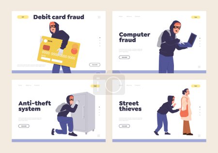 Anti-theft system, bank card fraud, computer hacking, street robbery lading page template isolated set. Website vector illustration offering effective technology and cyber protection for personal data