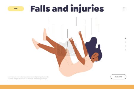 Illustration for Falls and injuries concept for landing page template with young woman cartoon character tumbling down from height design. Website vector illustration advertising health insurance online service - Royalty Free Image