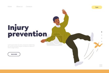 Illustration for Injury prevention concept for landing page template with young man cartoon character falling down slipping on banana peel design. Website vector illustration for online service health insurance - Royalty Free Image
