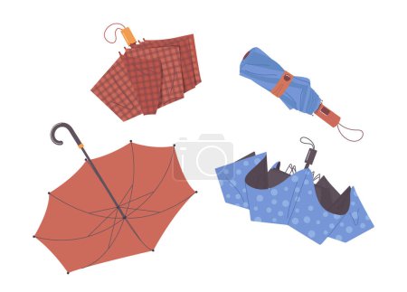 Téléchargez les illustrations : Elégant parapluies accessoire de mode pour homme et femme avec différentes couleurs et design mis isolé sur fond blanc. Parasol de poche automatique imperméable pour illustration vectorielle météo pluvieuse - en licence libre de droit