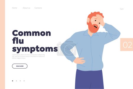 Illustration for Common flu symptoms medical online service landing page template with sick man character. Website vector illustration offering education information for people to identify cold and viral infection - Royalty Free Image