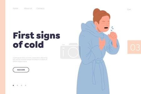First signs of cold medical symptom description landing page design template with sick woman character feeling bad design. Website vector illustration offering professional consultation online