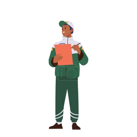 Illustration for Pit stop worker or inspector cartoon character in green team uniform making notes in clipboard vector illustration isolated on white. Male engineer engaged in technical inspection of racing car - Royalty Free Image
