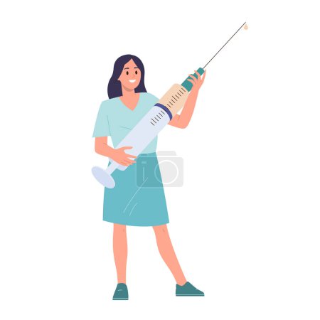 Kobieta lekarz postać z kreskówki trzymając strzykawkę z lekami do szczepienia pacjenta i leczenia wektor ilustracji. Zastrzyk medyczny dla bezpiecznych ludzi i ochrona zdrowia przed zakażeniem wirusowym