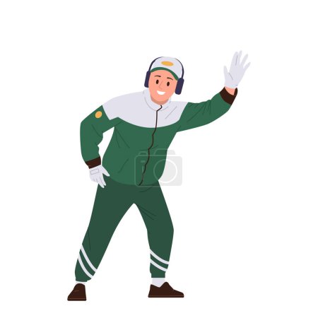 Pit stop trabajador personaje de dibujos animados en uniforme de equipo agitar gesto de la mano dando señales para el conductor del coche de carreras para detenerse en la inspección y el mantenimiento, ilustración vectorial aislado sobre fondo blanco