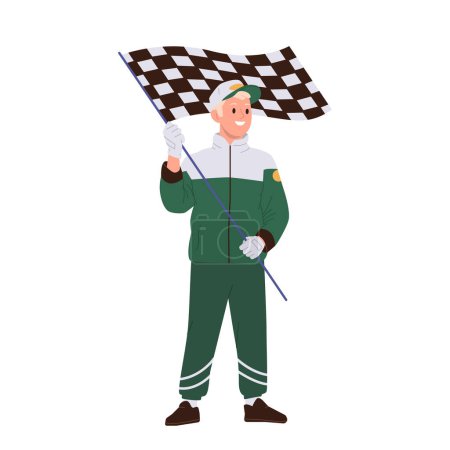 Illustration for Smiling pit stop worker cartoon character in green team uniform holding checkered flag for start or finish car racing vector illustration isolated on white background. Extreme rally activity crew - Royalty Free Image