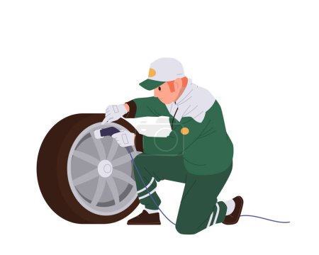 Illustration for Pit stop technician cartoon character holding spare part engaged in sport formula racing car wheel replacement vector illustration isolated on white background. Professional engineering service - Royalty Free Image
