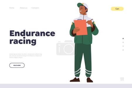 Illustration for Endurance racing landing page template with pit stop worker cartoon character making notes in clipboard vector illustration design. Formula racing championship, bolide rally entertainment website - Royalty Free Image