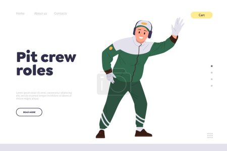 Illustration for Pit crew roles landing page template with maintenance technician worker waving hand stopping bolide to repair or wheels changing vector illustration design. Racing competition and formula tournament - Royalty Free Image
