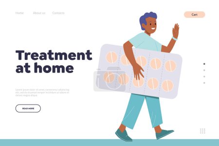 Illustration for Treatment at home headline for landing page template with apothecary cartoon character bringing tablet blister for client. Drugstore online service digital platform website vector illustration - Royalty Free Image
