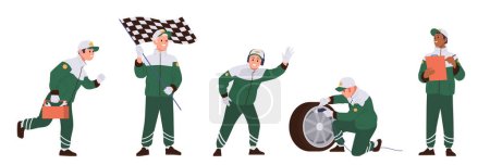 Illustration for Pit stop mechanics and technicians cartoon characters in team uniform on extreme rally providing professional repair work and maintenance of racing car, isolated vector illustration set on white - Royalty Free Image