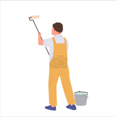 Handyman professional painter cartoon character engaged in home renovation isolated on white. Workman decorating painting wall with roll providing construction work service vector illustration