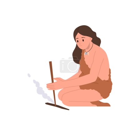 Illustration for Tribal woman flat cartoon character representative of old civilization making fire to cook food on warmth vector illustration isolated on white background. Early age people tribes life history - Royalty Free Image