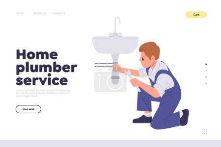 Illustration for Home plumber service landing page design template for online ordering professional repairman help. Website vector illustration with master cartoon character fixing broken sink leakage and repairing - Royalty Free Image