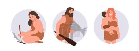 Illustration for Primitive people of stone age survival flat cartoon character isolated round icon composition set. Primeval caveman, cavewoman and children family life of pre-literary period vector illustration - Royalty Free Image