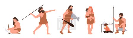 Illustration for Isolated set of stone age people cartoon character hunting, cooking, making fire on white background. Primitive ancient cavewoman, caveman and children of prehistoric period daily activities - Royalty Free Image