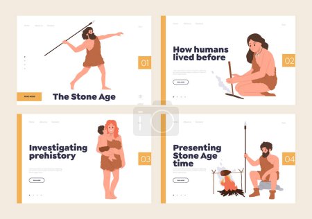 Illustration for Stone age prehistory and tribal neanderthal people investigation and studying landing page design template. Website vector illustration with ancient primitive humans cartoon character activities - Royalty Free Image