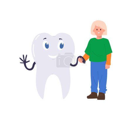 Illustration for Cheerful boy child cartoon character with white smile holding hand of big healthy tooth standing like friends isolated vector illustration. Happy kid dental health and personal hygiene concept - Royalty Free Image