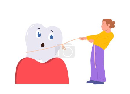 Illustration for Brave cute little girl child cartoon character pulling out big loosing milk baby tooth with floss vector illustration isolated on white background. Encouraging hygiene and care of teeth concept - Royalty Free Image