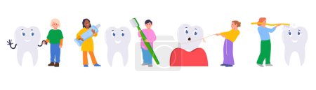 Illustration for Happy children cartoon character with big teeth, floss, toothbrush and toothpaste set on white background. Everyday dental care healthy habit routine, pulling out loosing tooth vector illustration - Royalty Free Image