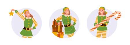 Illustration for Funny elves round icon composition set with friendly smiling Santa Claus helper cartoon characters with traditional fir star decoration, stack of gifts, candy cane sweet dessert vector illustration - Royalty Free Image