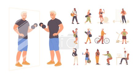 Sportmenschen mit Athleten und Sportlern, Fitness-Frauen und fettleibigen Menschen unterschiedlichen Alters wählen sportliche Erholung, Trainingsaktivität und Gewichtsabnahme zur Veranschaulichung der Gesundheit.