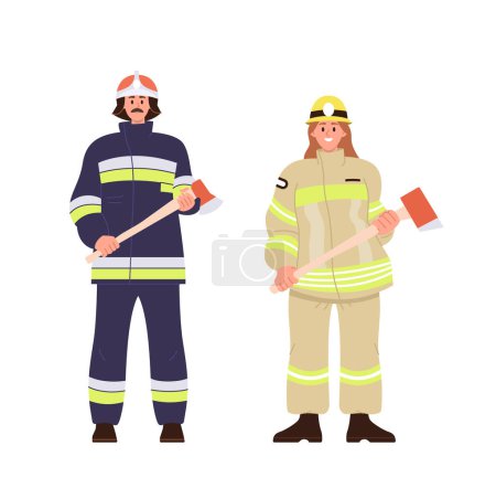 Illustration for Young adult man and woman firefighter cartoon characters wearing protective uniform isolated on white background. Important people job occupation vector illustration. Firewoman and fireman personage - Royalty Free Image
