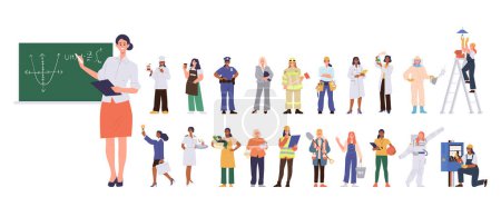 Illustration for Group of people cartoon characters presenting diverse job occupation and labor work isolated set. Man and woman workers profession providing help, support and health care services vector illustration - Royalty Free Image