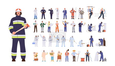 Illustration for People profession big, set male and female workers cartoon character in uniform isolated on white background. Repair, transportation, agricultural, sanitary service staff vector illustration - Royalty Free Image