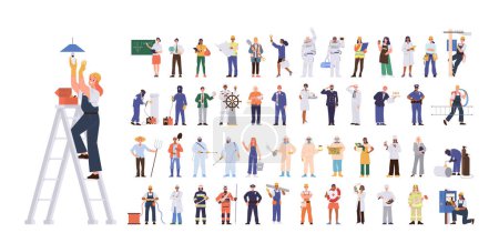 Illustration for People cartoon character different profession, job occupation, specialization isolated on white background. Emergency, healthcare, educational and industrial service representative vector illustration - Royalty Free Image
