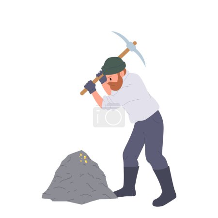 Männliche Goldgräber-Cartoonfigur arbeitet hart mit Spitzhacke Bergbau kostbares Material isoliert auf weißem Hintergrund. Man Miner oder Prospektvektorillustration. Rohstoffförderung in der Vergangenheit