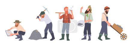 Illustration for Male gold diggers cartoon characters searching of treasure with different old tools isolated set vector illustration. Man prospectors finding goldmine, washing away precious material from river - Royalty Free Image