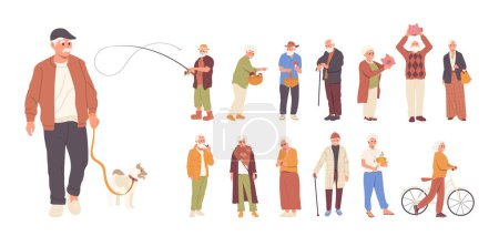 Illustration for Diverse elderly people cartoon characters set different action, hobby, daily routine activities vector illustration. Senior man woman fishing, walking dogs, cycling, going mushrooms counting savings - Royalty Free Image