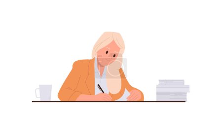 Büroangestellte Cartoonfigur schreibt Notizen, Projektplan oder Geschäftsbrief am Arbeitstisch isoliert auf weißem Hintergrund. Weibliche Führungskräfte arbeiten mit Dokumentenvektorillustration