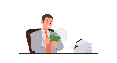 Illustration for Man office worker cartoon character counting money cash financial revenue at workplace isolated on white background. Businessman, banker, marketer or finance analyst at work vector illustration - Royalty Free Image